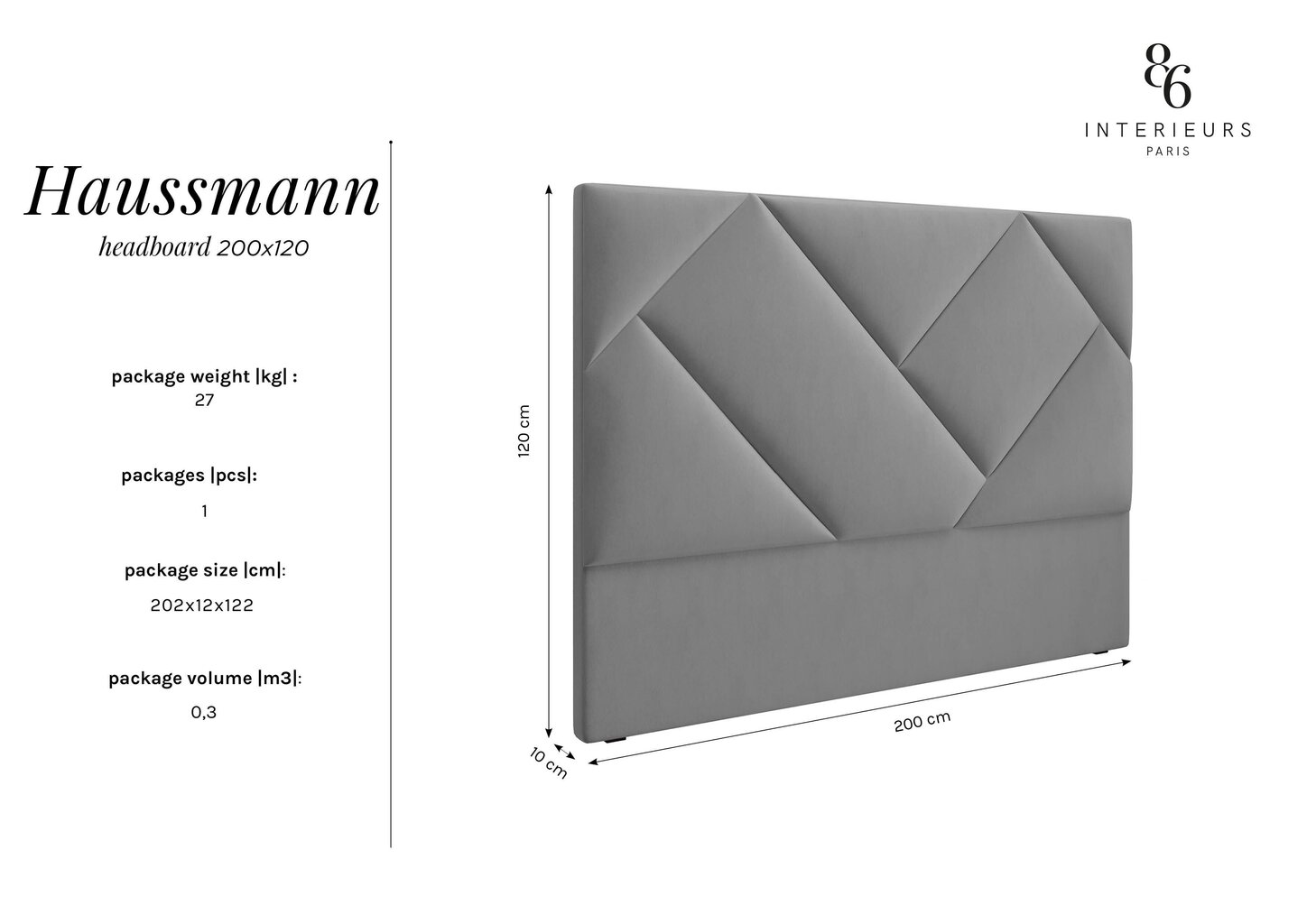 Voodipeats Interieurs86 Haussmann 200 cm, helesinine hind ja info | Voodid | hansapost.ee