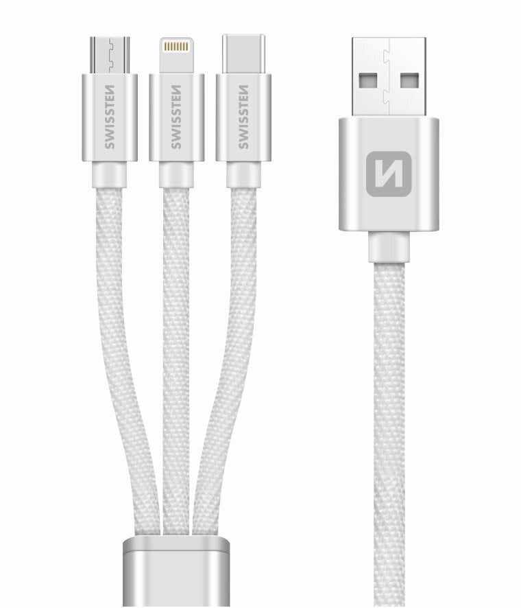 3in1 USB-C / Lightning / MircoUSB kaabel 1.2m Swissten Textile - hõbedane hind ja info | Juhtmed ja kaablid | hansapost.ee