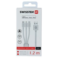 Swissten Textile Universal 3in1 USB-C / Lightning Data MFI / MircoUSB-кабель 1,2 м, Серебряный цена и информация | Кабели и провода | hansapost.ee