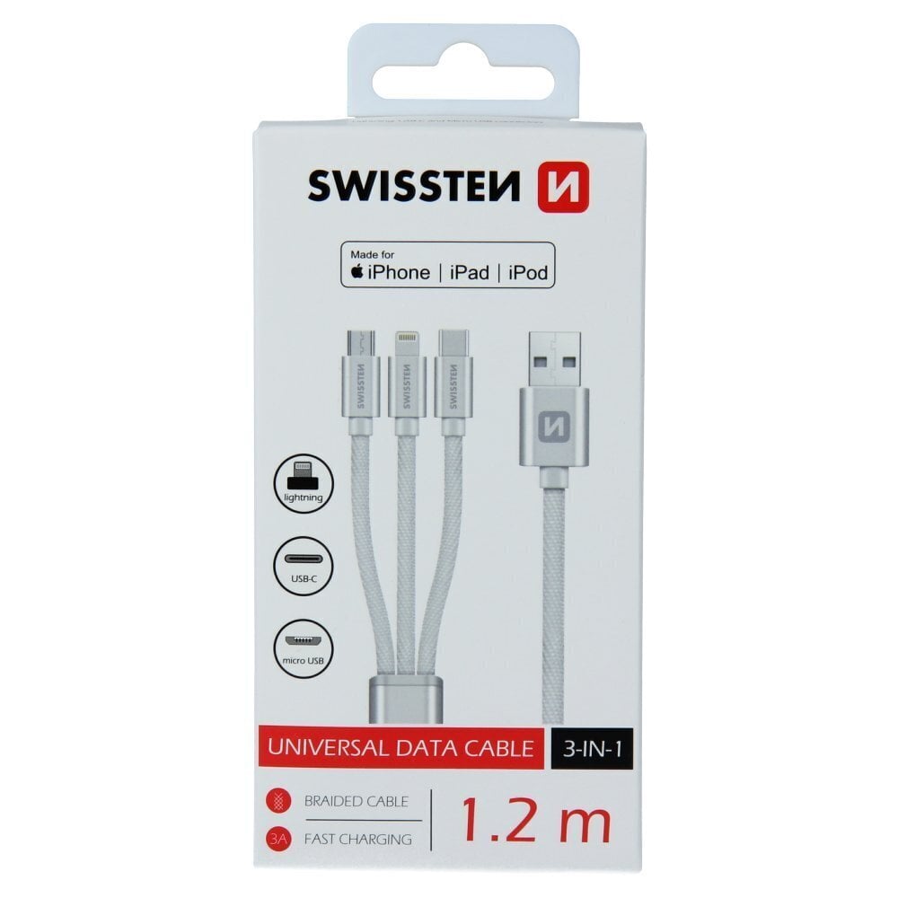 3in1 USB-C / Lightning / MircoUSB kaabel 1.2m Swissten Textile - hõbedane цена и информация | Juhtmed ja kaablid | hansapost.ee