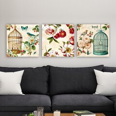 Репродукция из трех частей Клетки, птицы и цветы цена и информация | Настенные деревянные декорации | hansapost.ee