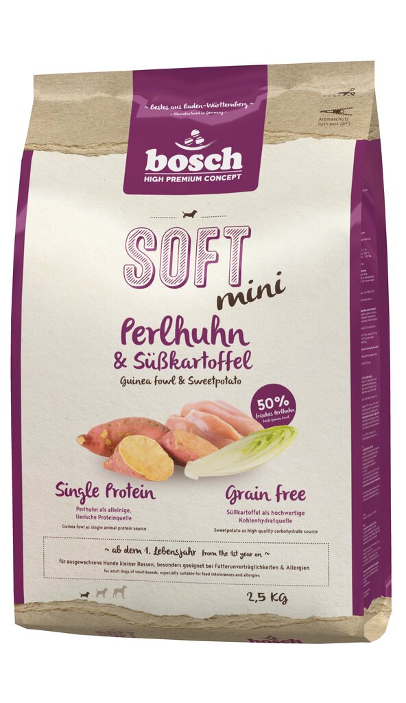 Koeratoit Bosch Pet Food Plus SOFT MINI Guinea Fowl & Sweetpotato 2,5kg цена и информация | Koerte kuivtoit ja krõbinad | hansapost.ee