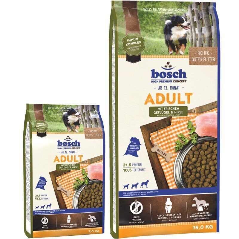 Kuivtoit koertele Bosch Petfood Adult Poultry & Millet (High Premium) 15 kg + 3 kg hind ja info | Koerte kuivtoit ja krõbinad | hansapost.ee