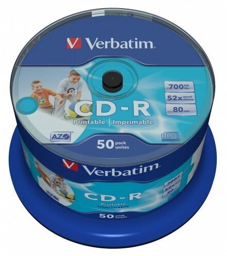 VERBATIM inkjet printable CD-R 80 min. / 700 MB 52x, 50 tk, kompaktplaadid hind ja info | Mälupulgad | hansapost.ee