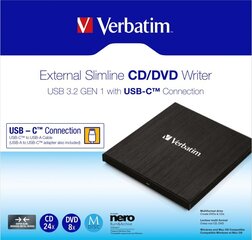 verbatim 43886, greitaveika cd (24x) dvd (8x), usb 3.2 gen1 и usb-c цена и информация | Оптические устройства | hansapost.ee