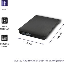 Qoltec 51857 Тонкий Внешний USB 3.0 CD / DVD Устройство чтения и записи дисков с USB Кабельным питанием Черный цена и информация | Оптические устройства | hansapost.ee