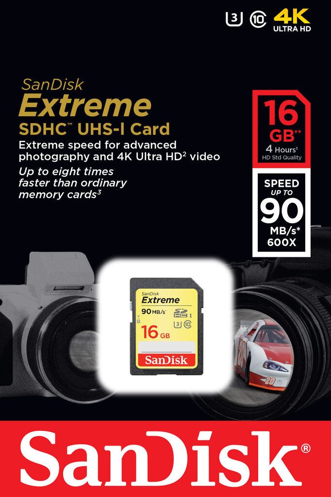 Mälukaart SANDISK 16GB Extreme SDHC Card 90MB/s Class 10 UHS-I U3 hind ja info | Fotoaparaatide mälukaardid | hansapost.ee