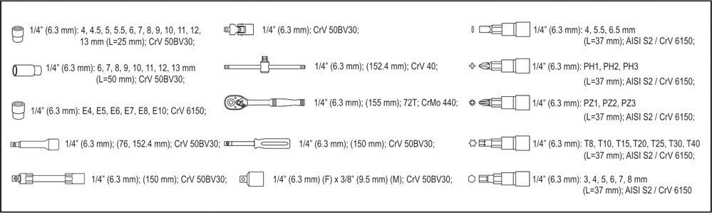 Tööriistakomplekt 56 tk 1/4" CrV Yato YT-14501 цена и информация | Käsitööriistad | hansapost.ee