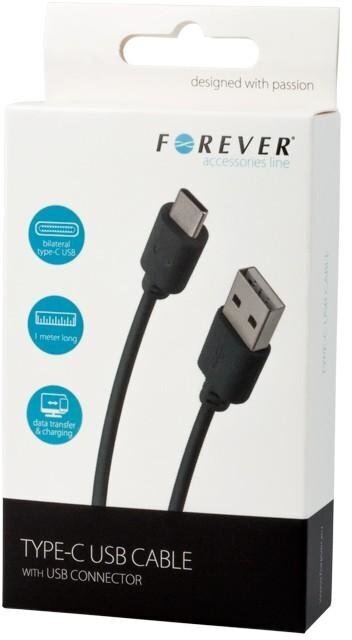 Välgulaadimiskaabel Forever USB-C, 1 m, must hind ja info | Mobiiltelefonide kaablid | hansapost.ee