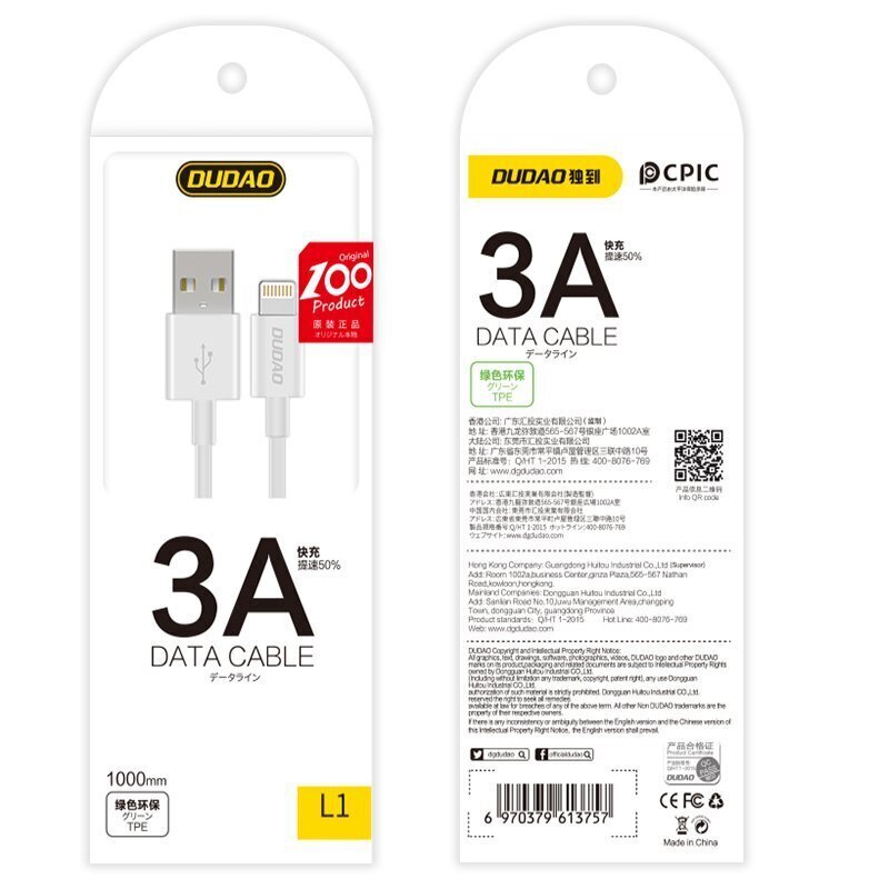 Dudao USB / USB Type C andmelaadimiskaabel 3A 1m valge (L1T valge) hind ja info | Mobiiltelefonide kaablid | hansapost.ee