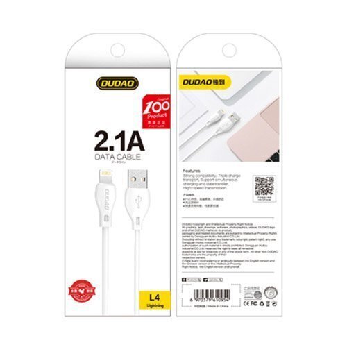Ühenduskaabel Dudao USB / Lightning 2.1A kaabel 2m valge, L4L 2m, valge hind ja info | Mobiiltelefonide kaablid | hansapost.ee