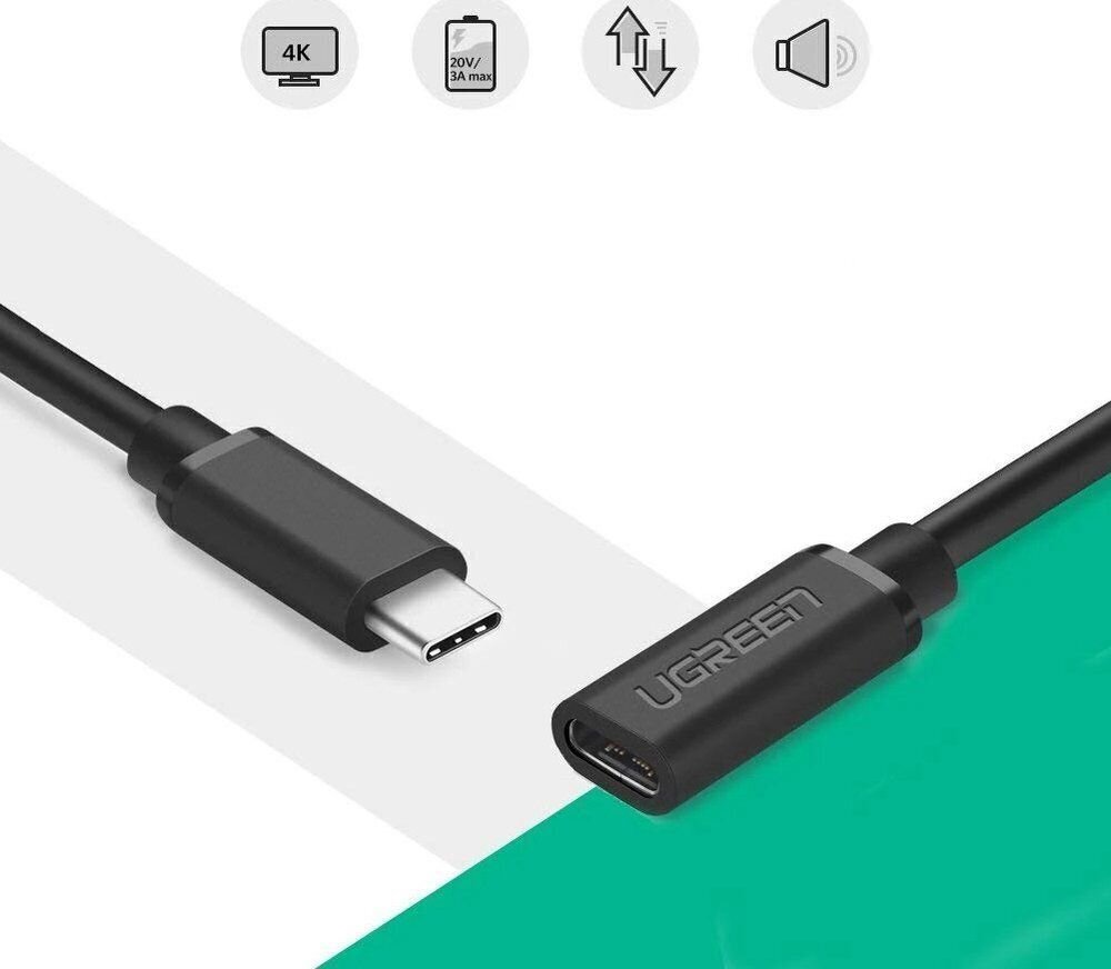 Pikenduskaabel USB Ugreen Type C 3.1 (female) - USB Type C 3.1 (male) 0,5 m, must (40574) hind ja info | Mobiiltelefonide kaablid | hansapost.ee