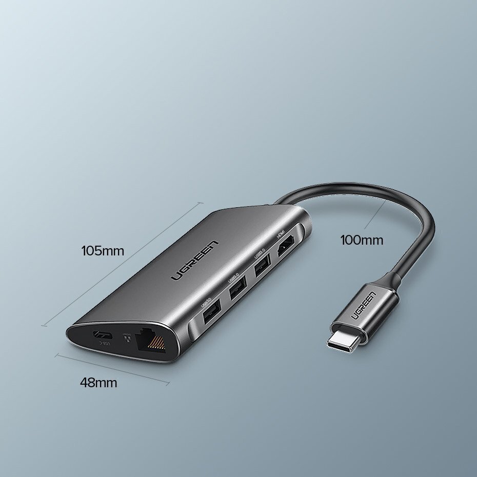 Ugreen CM179 USB-C-HDMI 4K, 3x USB 3.0, C-tüüp, RJ45, SD, Micro SD, hall hind ja info | Mobiiltelefonide kaablid | hansapost.ee