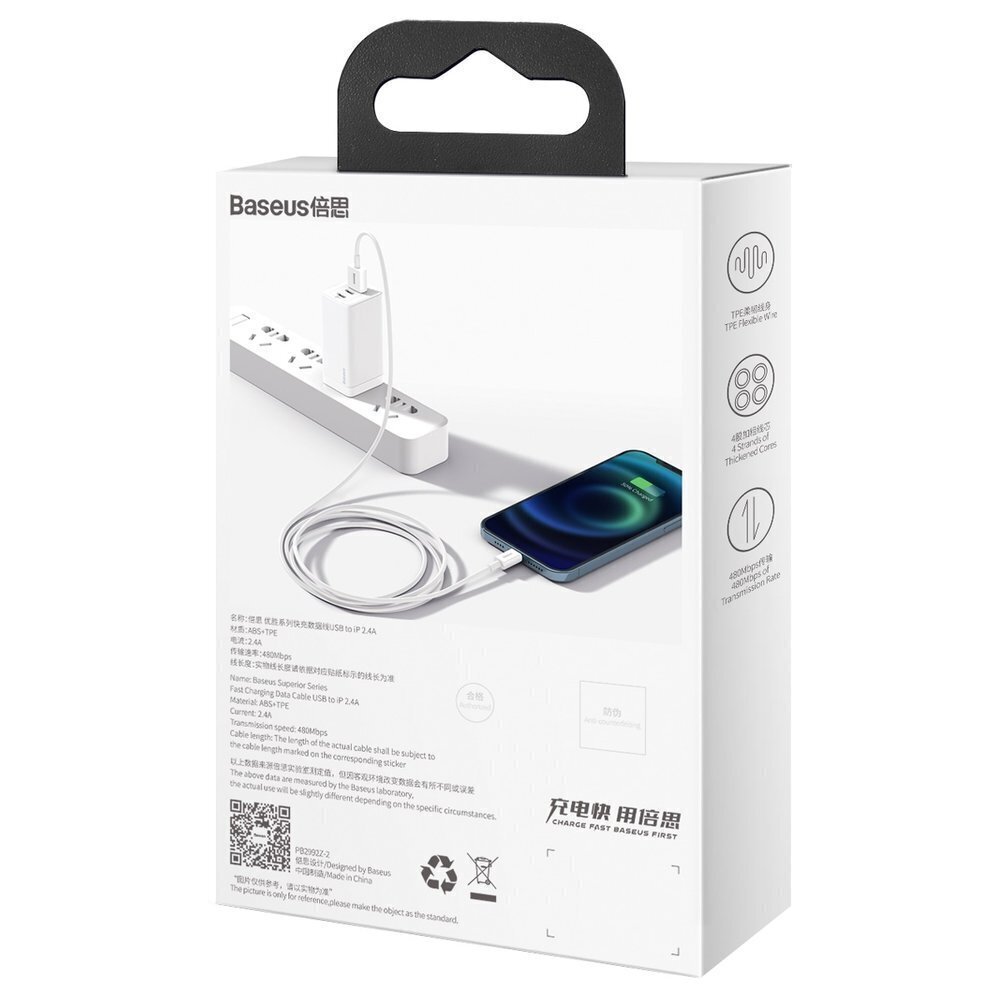 Baseus Superior Series Cable USB to Lightning, 2.4A, 1m (white) hind ja info | Mobiiltelefonide kaablid | hansapost.ee