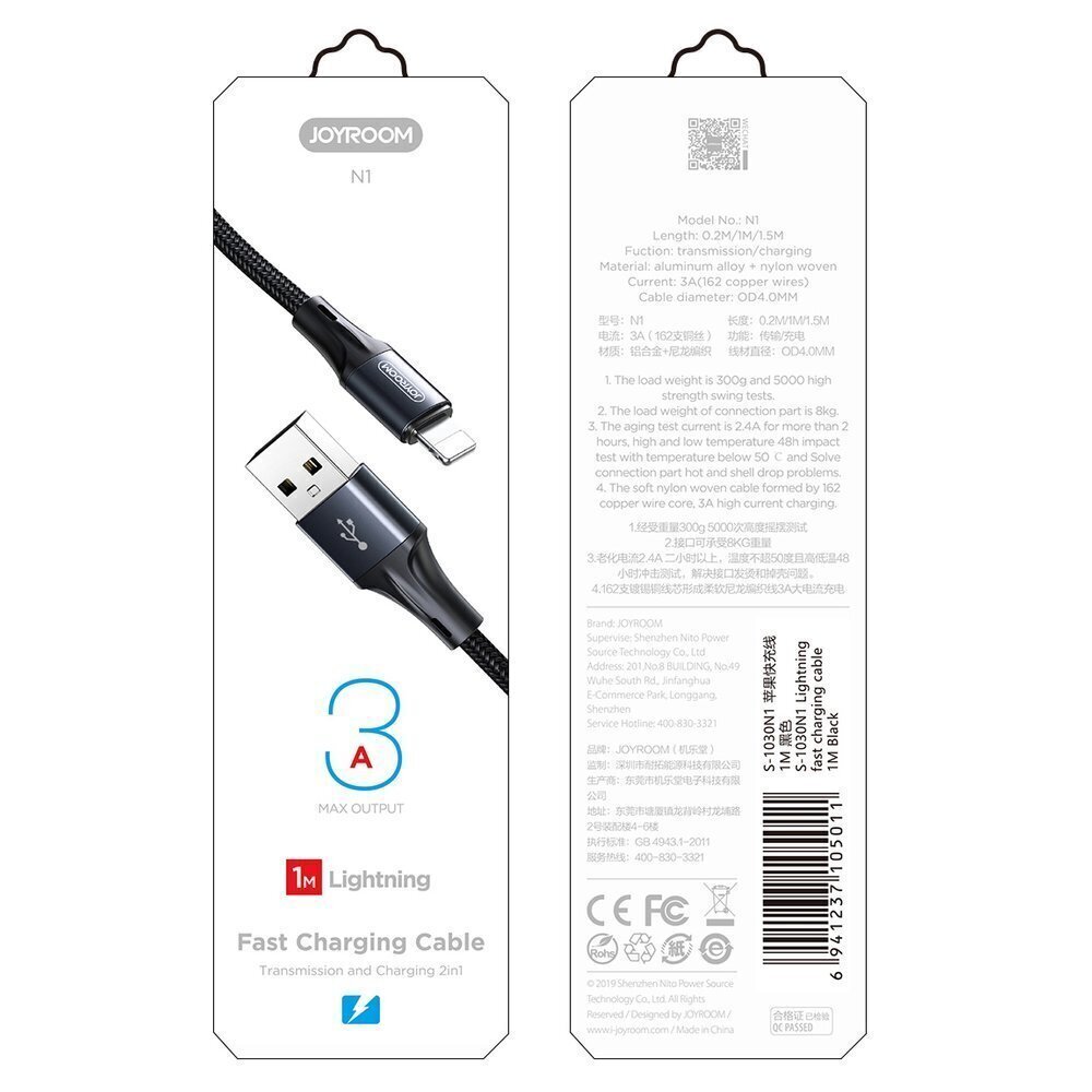 Kaabel Joyroom USB - Lightning cable 3 A, 1 m (S-1030N1) цена и информация | Mobiiltelefonide kaablid | hansapost.ee