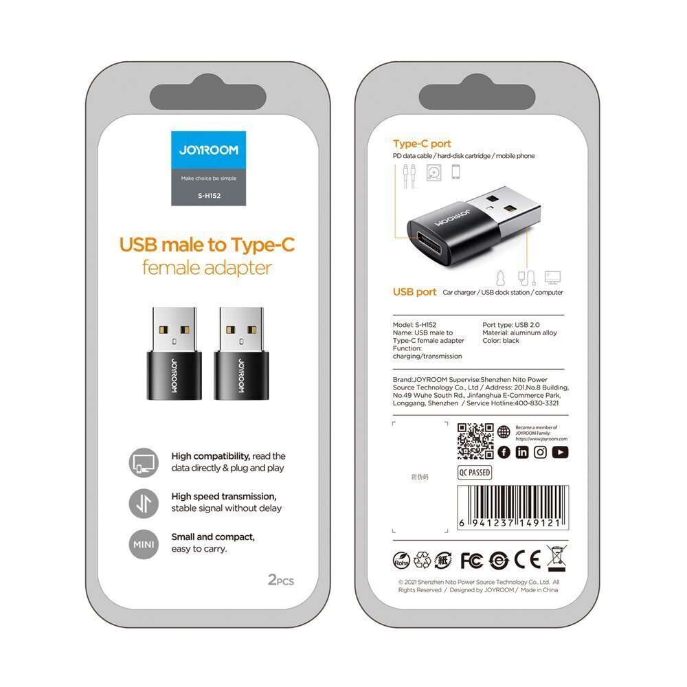 Joyroom S-H152 USB-A - USB-C adapter, 2 tk. hind ja info | Mobiiltelefonide kaablid | hansapost.ee