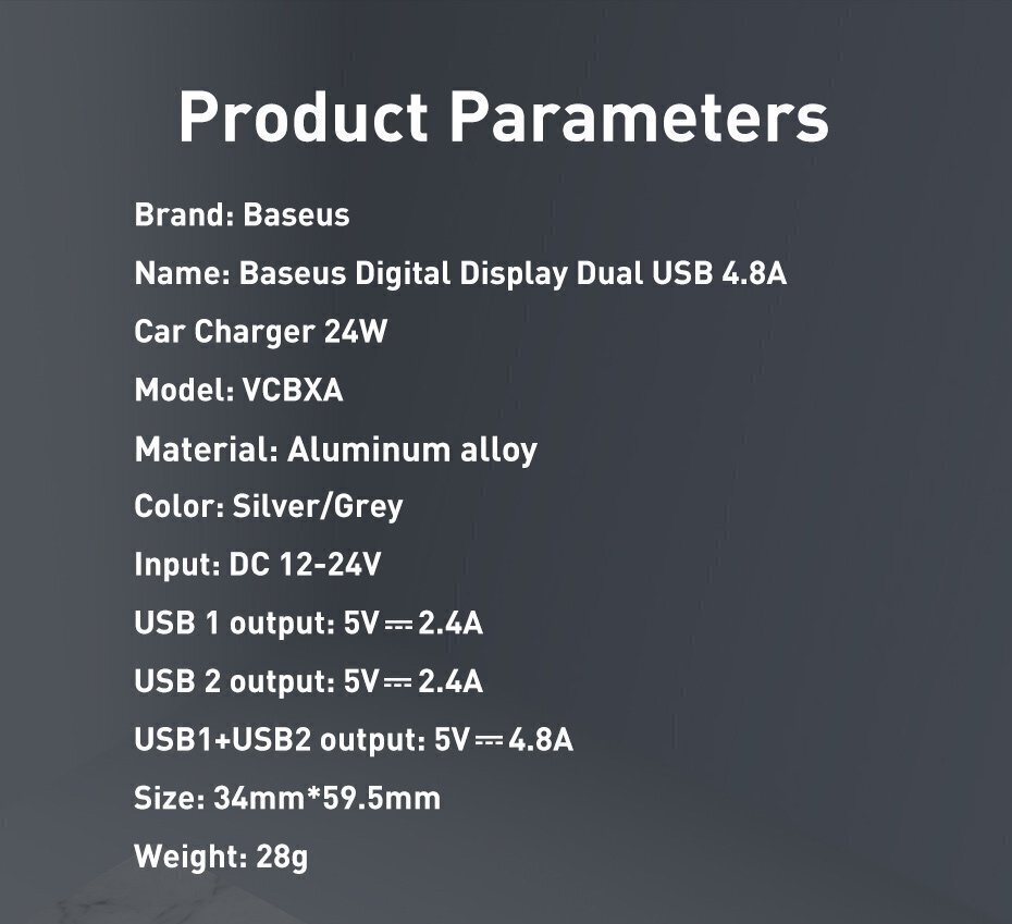 Baseuse digitaalne ekraan Dual USB 4.8A autolaadija 24W hall hind ja info | Laadijad mobiiltelefonidele | hansapost.ee