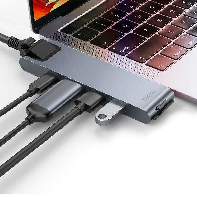 7 ühes dokkimisjaam Baseus CAHUB-L0G, MacBook / hdmi / 2 x usb 3.0 / usb-c / rj45 / sd / micro sd Thunderbolt C + jaoks цена и информация | USB adapterid ja jagajad | hansapost.ee