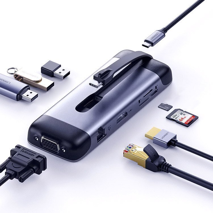 Multifunktsionaalne jaotur Ugreen 9w1 HUB USB Tüüp C - HDMI / 3x USB 3.2 Gen 1 / SD micro SD / VGA / RJ45 / USB Type C Power Delivery 100 W 20 V 5 A (70409 CM286) hind ja info | USB adapterid ja jagajad | hansapost.ee