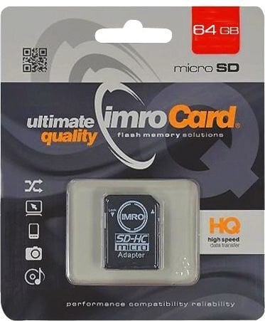 Micro SDHC kaart Imro 64 GB, klass 10 UHS-1 + adapter hind ja info | Mälukaardid mobiiltelefonidele | hansapost.ee