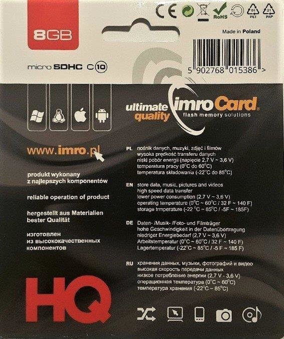 MicroSDHC Klass 10 mälukaart 8 GB IMRO 10/8G hind ja info | Mälukaardid mobiiltelefonidele | hansapost.ee