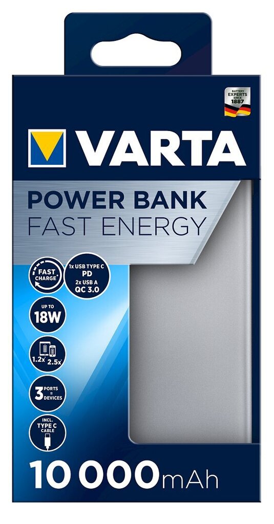 VARTA Power Bank Fast Energy 10000mAh Silver цена и информация | Akupangad | hansapost.ee