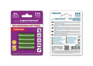 Аккумуляторные батарейки Esperanza EZA102G Ni-MH AAA 1000MAH 4 шт., зеленые цена и информация | Esperanza Освещение и электротовары | hansapost.ee