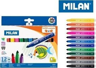 Mahapestavad viltpliiatsid väikelastele Milan Super Washable, 12 värvi hind ja info | Kirjatarvikud | hansapost.ee