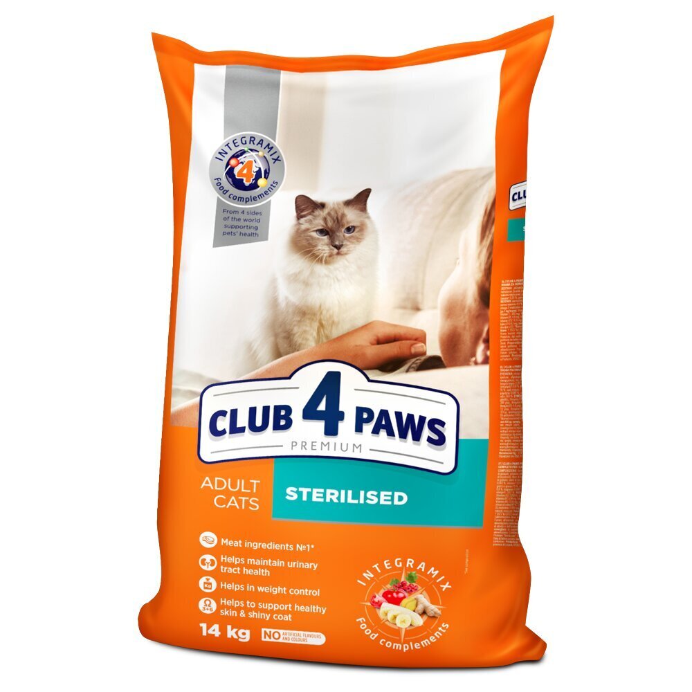 CLUB 4 PAWS Premium täisväärtuslik kuivtoit täiskasvanud kassidele Sterilized, 14kg цена и информация | Kassi kuivtoit ja kassikrõbinad | hansapost.ee