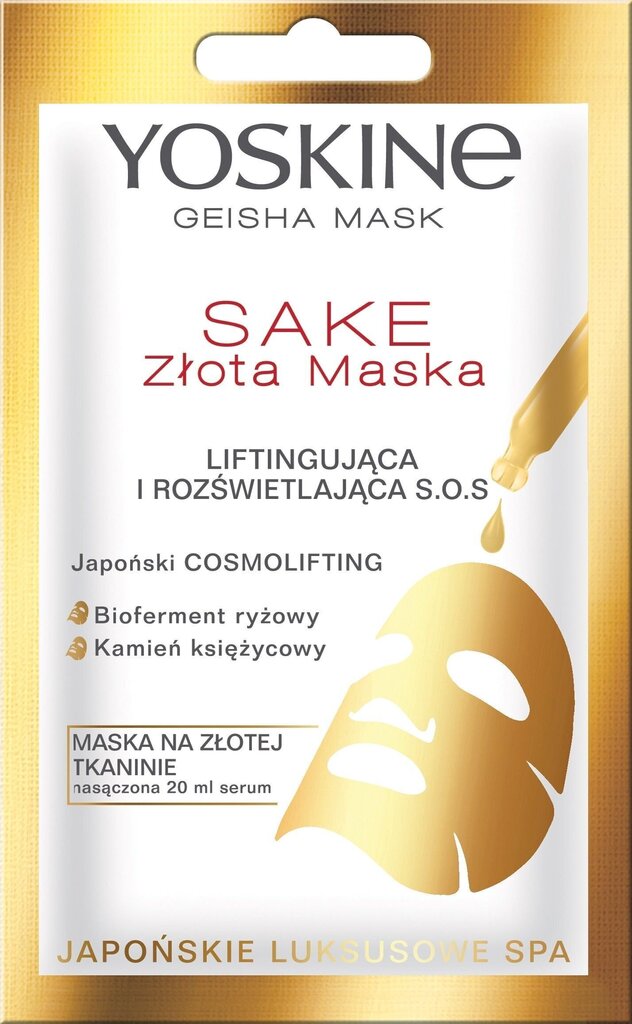 Tõstev ja helendav näomask kullaga Yoskine Geisha Sake S.O.S 20 ml hind ja info | Näomaskid ja silmamaskid | hansapost.ee