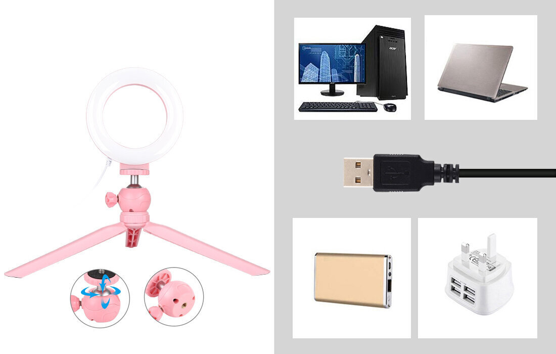 Puluz statiiv LED rõngaslambiga 16 cm, roosa цена и информация | Fotovalgustid, ringvalgustid ja fotostuudiod | hansapost.ee