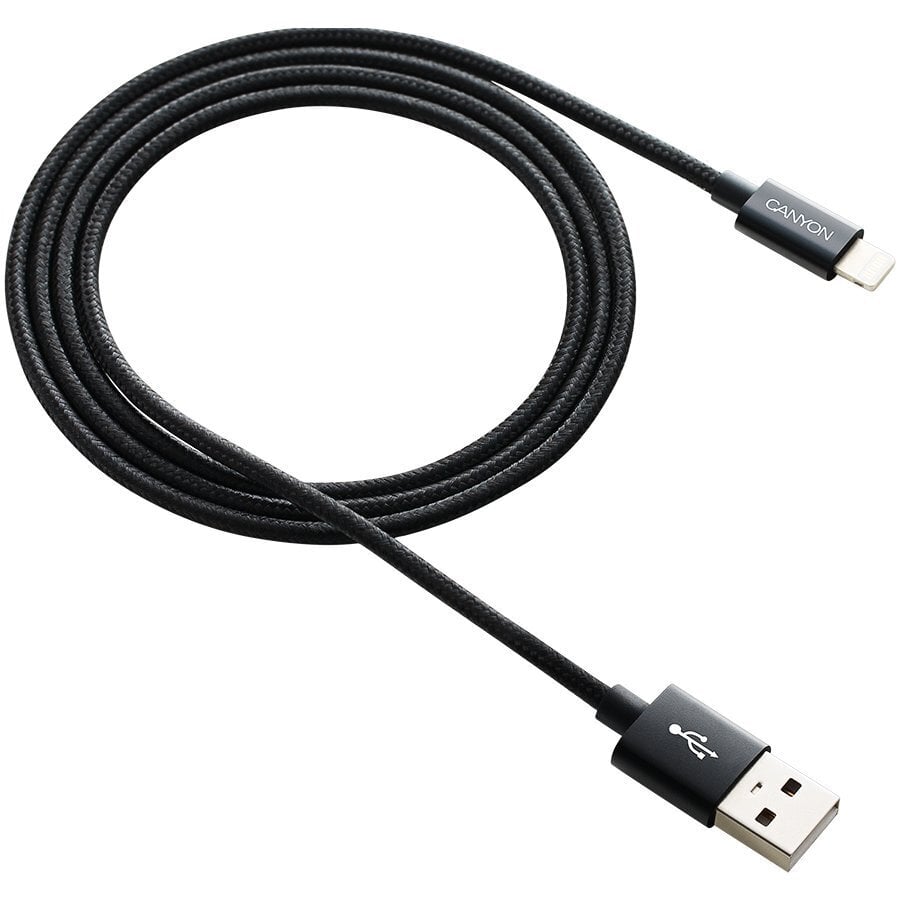 Kaablid Canyon       CFI-3 Lightning USB Cable for Apple braided metalli    Black price and information | Juhtmed ja kaablid | hansapost.ee