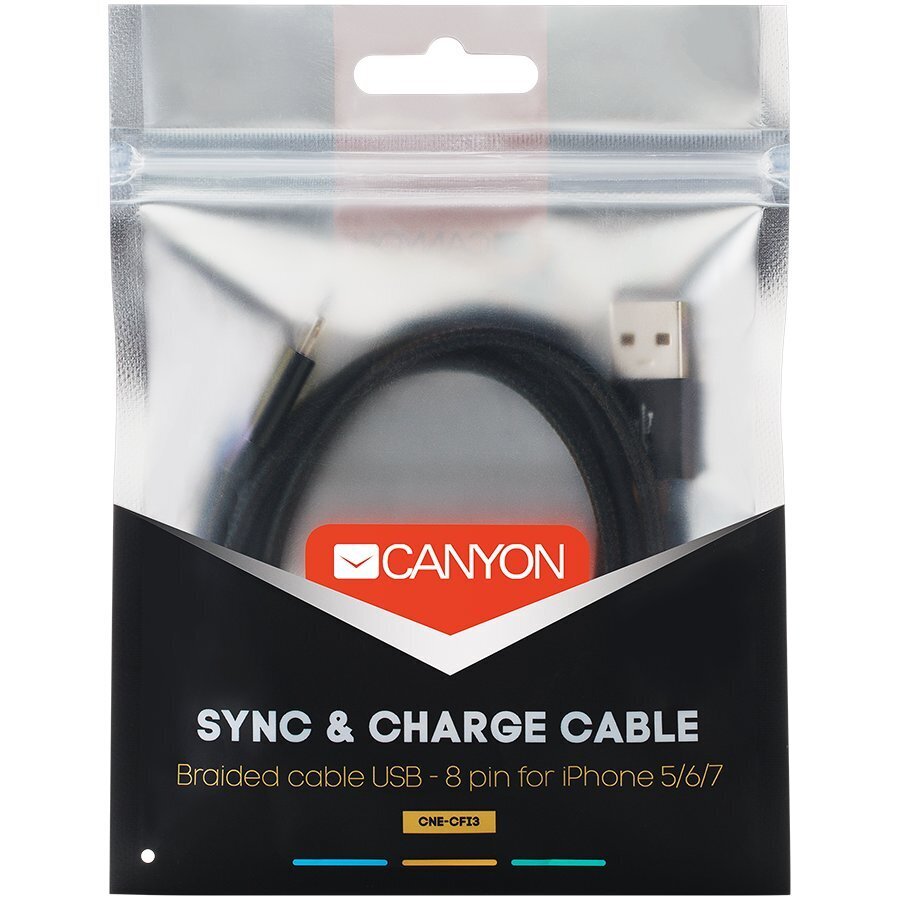 Kaablid Canyon       CFI-3 Lightning USB Cable for Apple braided metalli    Black цена и информация | Juhtmed ja kaablid | hansapost.ee