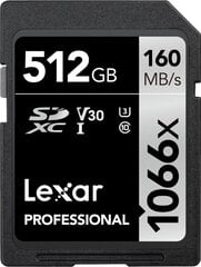 Карта памяти Lexar Professional 1066x SDXC UHS-I SDXC, 512 Гб, Silver, Class 10, U3, V30, 120 Mб цена и информация | Карты памяти для фотоаппаратов, камер | hansapost.ee