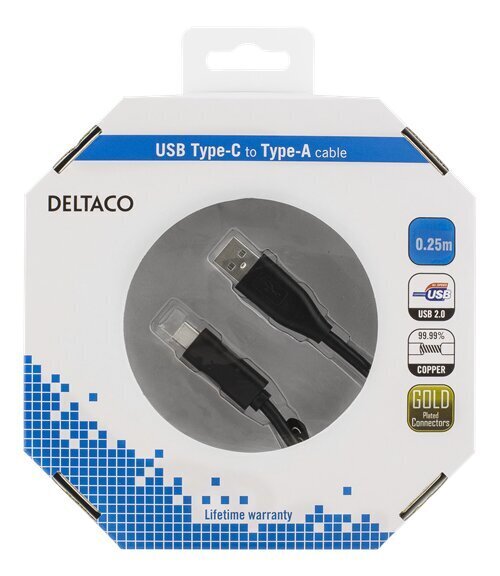 Deltaco USBC-1002-K, USB 2.0 C-A, 0.25 m hind ja info | Mobiiltelefonide kaablid | hansapost.ee
