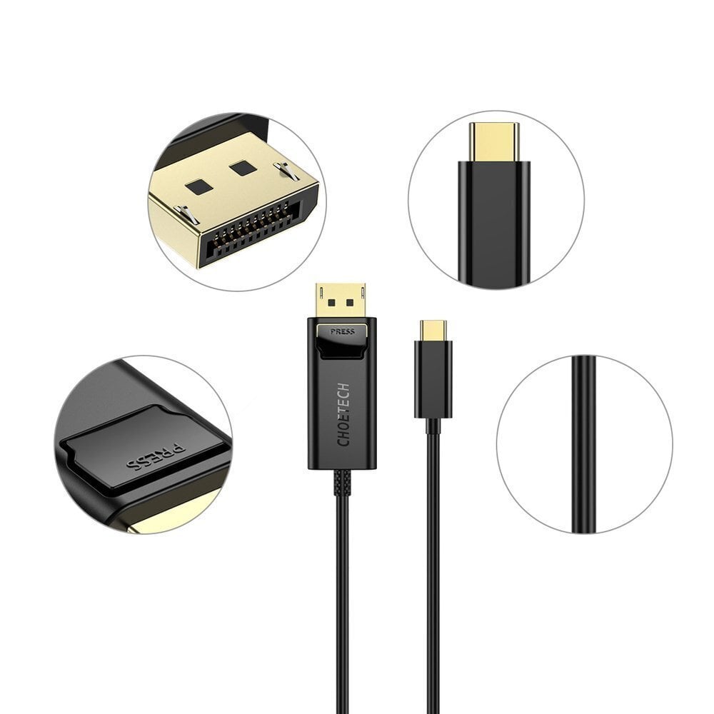 Choetechi ühesuunaline C-tüüpi USB-monitori videokaabel – kuvaport 4K 1,8 m must (XCP-1801BK) hind ja info | Mobiiltelefonide kaablid | hansapost.ee