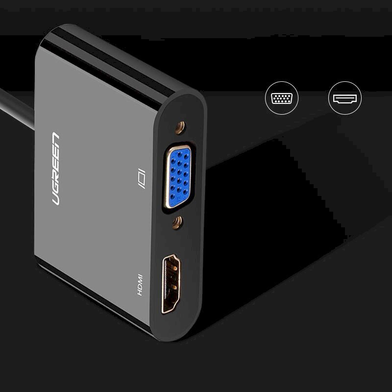 Ugreen mini HDMI (isane) – VGA (emane) / HDMI (emane) + minipistik 3,5 mm (emane) adapter must (CM101) hind ja info | Mobiiltelefonide kaablid | hansapost.ee