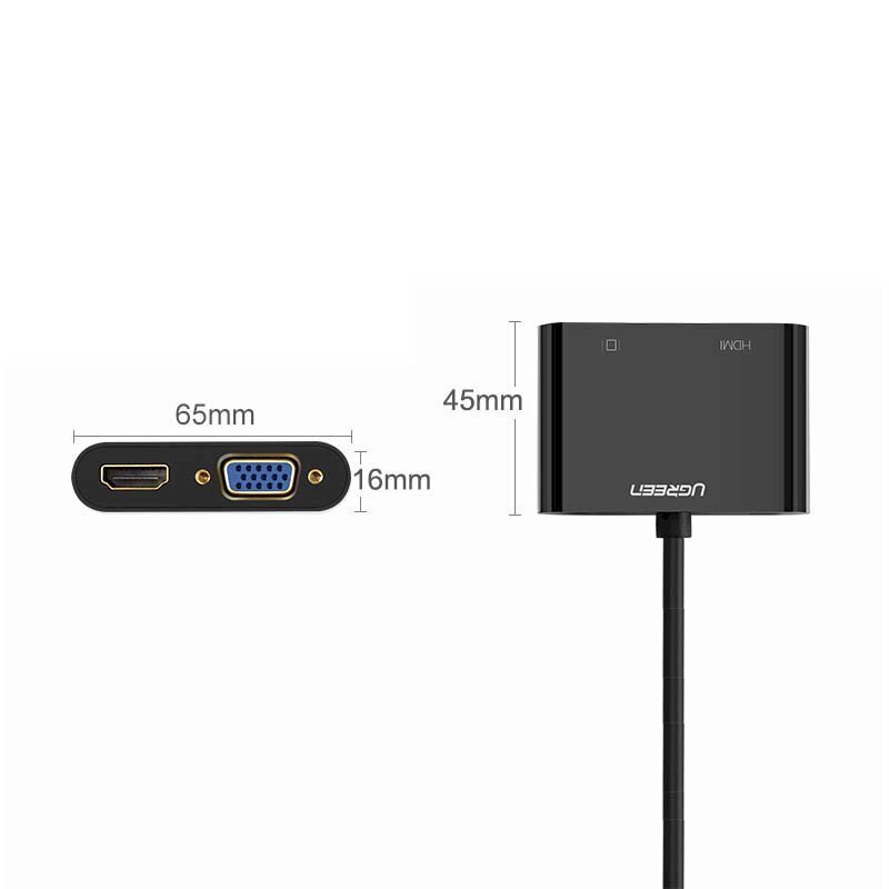 Ugreen mini HDMI (isane) – VGA (emane) / HDMI (emane) + minipistik 3,5 mm (emane) adapter must (CM101) hind ja info | Mobiiltelefonide kaablid | hansapost.ee