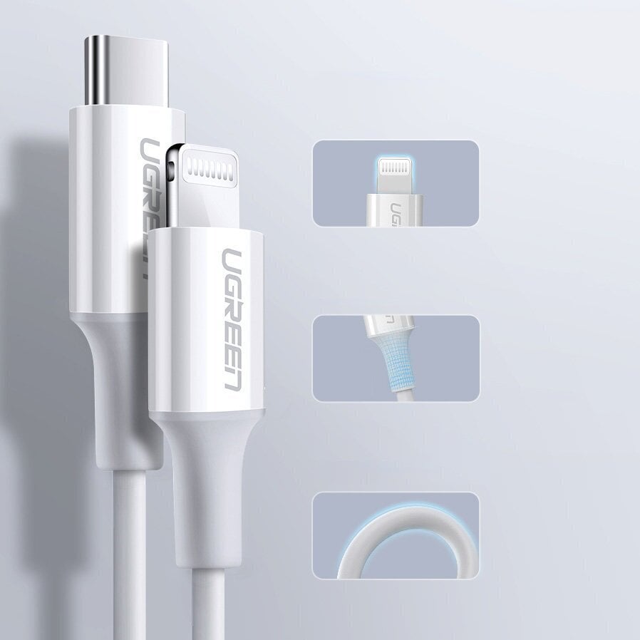 Ugreen MFi USB Type C – Lightning kaabel 3A 2m valge (US171) hind ja info | Mobiiltelefonide kaablid | hansapost.ee