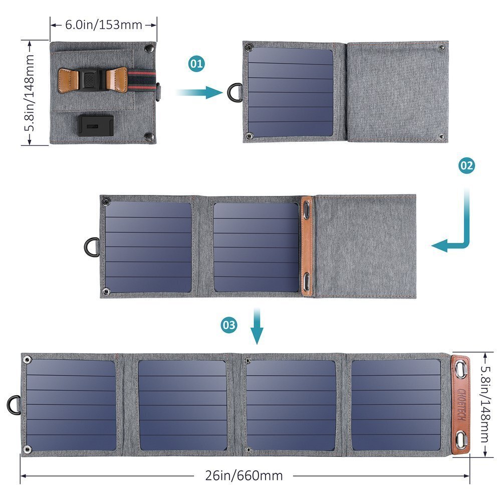 Choetechi kokkupandav reisi päikeseenergia päikeseenergia laadija 14 W USB 5 V / 2,4 A päikesepaneeli hall (SC004) цена и информация | Akupangad | hansapost.ee