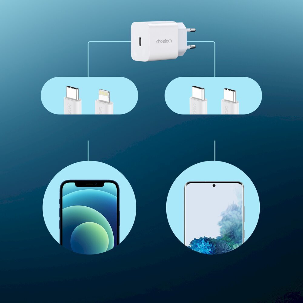 Choetech USB-reisi seinalaadija Type C 20W toiteallikas + USB-kaabel Type C - Lightning 1,2m valge (PD5005) hind ja info | Laadijad mobiiltelefonidele | hansapost.ee