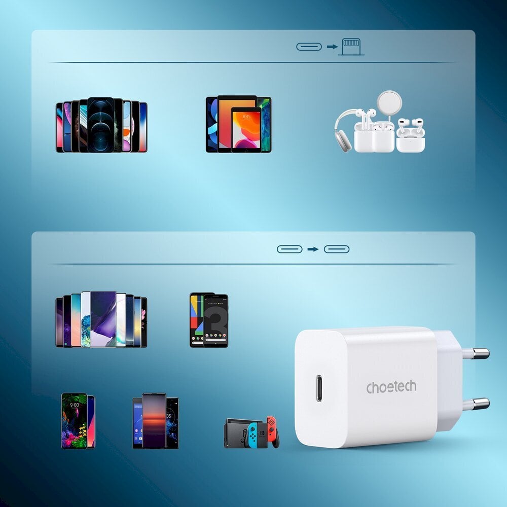 Choetech USB-reisi seinalaadija Type C 20W toiteallikas + USB-kaabel Type C - Lightning 1,2m valge (PD5005) hind ja info | Laadijad mobiiltelefonidele | hansapost.ee