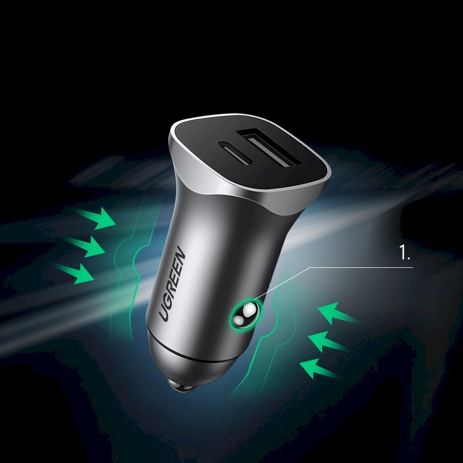 Ugreen USB Car Charger Type C / USB 24W Power Delivery Quick Charge gray (30780) цена и информация | Laadijad mobiiltelefonidele | hansapost.ee