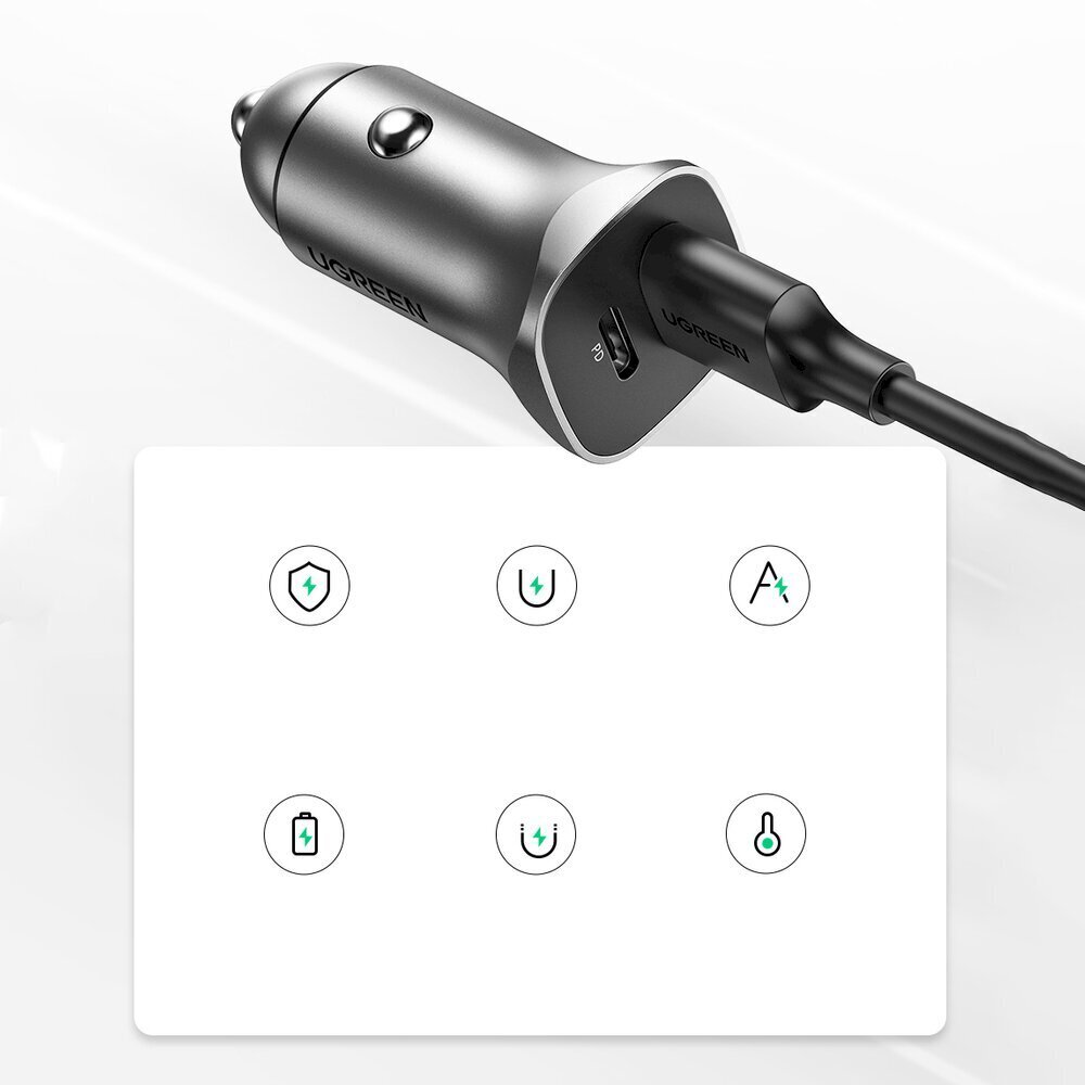 Ugreen USB Car Charger Type C / USB 24W Power Delivery Quick Charge gray (30780) цена и информация | Laadijad mobiiltelefonidele | hansapost.ee