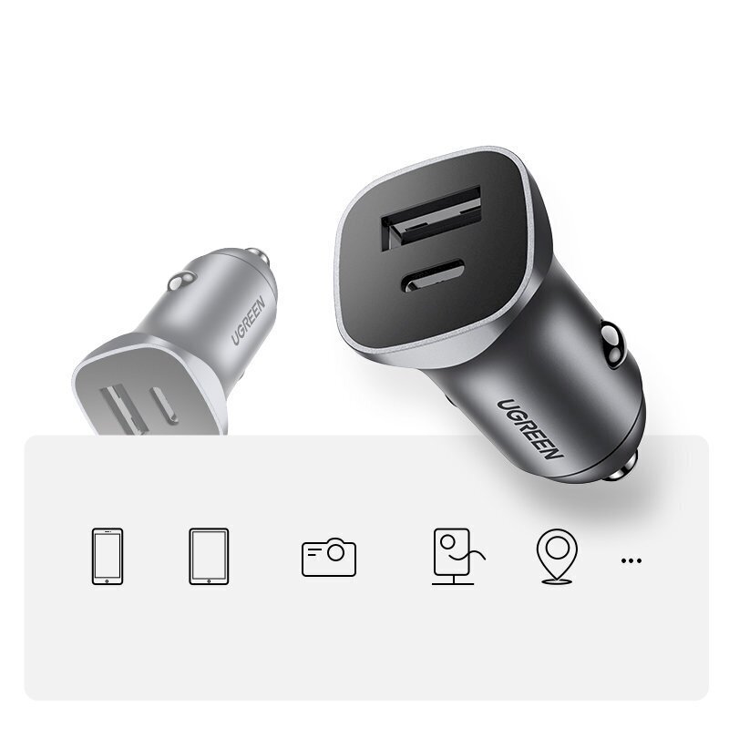 Ugreen USB Car Charger Type C / USB 24W Power Delivery Quick Charge gray (30780) цена и информация | Laadijad mobiiltelefonidele | hansapost.ee