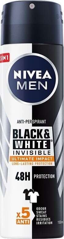 Nivea Men Black&White Invisible Ultimate Impact spreideodorant meestele 150 ml цена и информация | Deodorandid | hansapost.ee