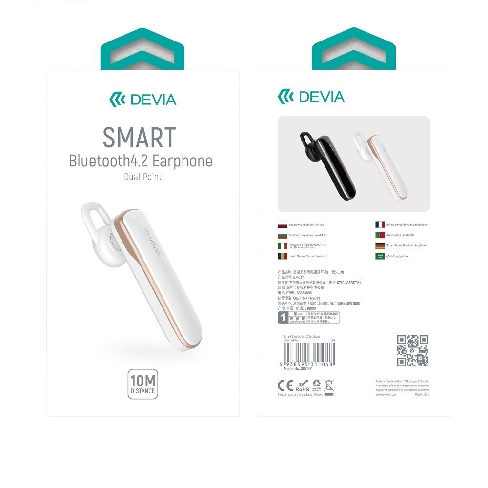 Bluetooth DEVIA Smart 4.2 Peakomplekt, Valge цена и информация | Handsfree seadmed | hansapost.ee