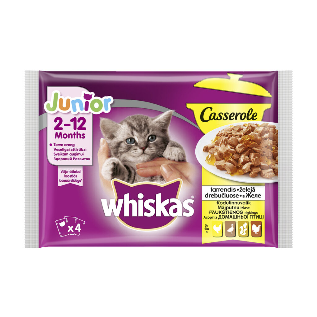 Whiskas Junior kiisueine 4-pakk linnulihavalik tarrendis, 85g цена и информация | Kassikonservid | hansapost.ee