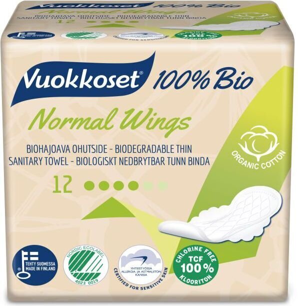 Hügieeniside Vuokkoset 100%, Bio Normal Wings 12tk hind ja info | Tampoonid, hügieenisidemed ja menstruaalanumad | hansapost.ee