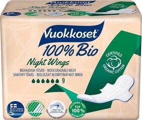 Гигиенические прокладки Vuokkoset Night Wings 100% БИО, 9 шт. цена и информация | Тампоны, гигиенические прокладки для критических дней, ежедневные прокладки | hansapost.ee